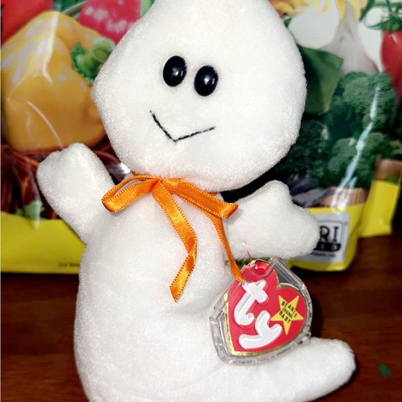 TY Beanie Babies White Ghost with Orange Ribbon